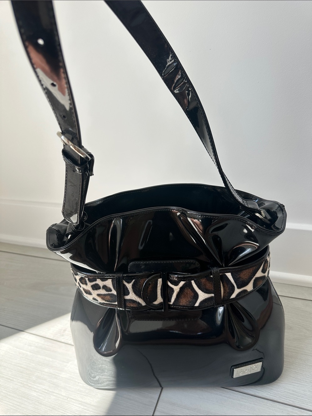 Beijo Black Patent Shoulder Bag with Leopard Accent